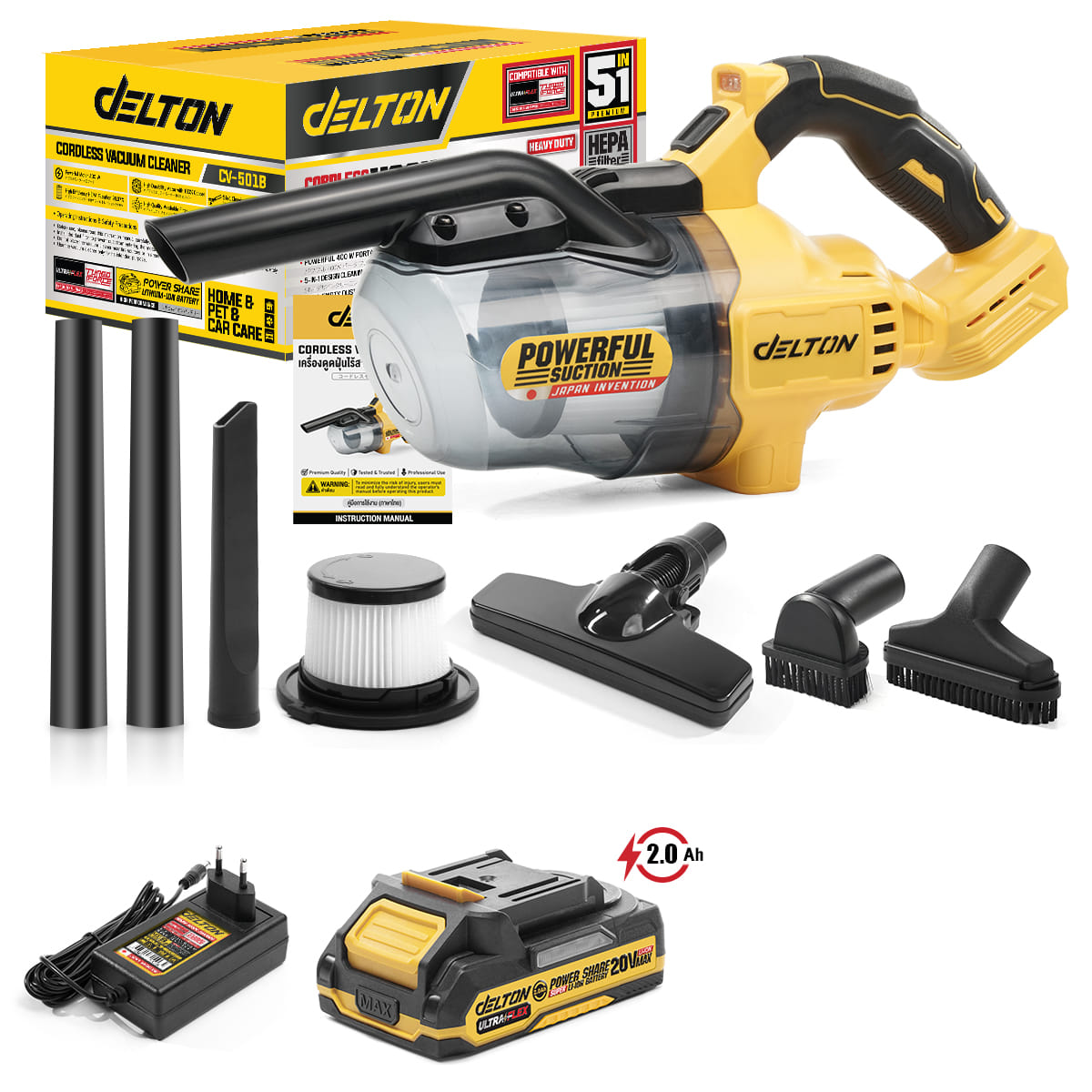 เครื่องดูดฝุ่นแบบมือจับไร้สาย (พร้อมแบตเตอรี่) DELTON รุ่น CV-501B ULTRAFLEX 20V 2AH_1